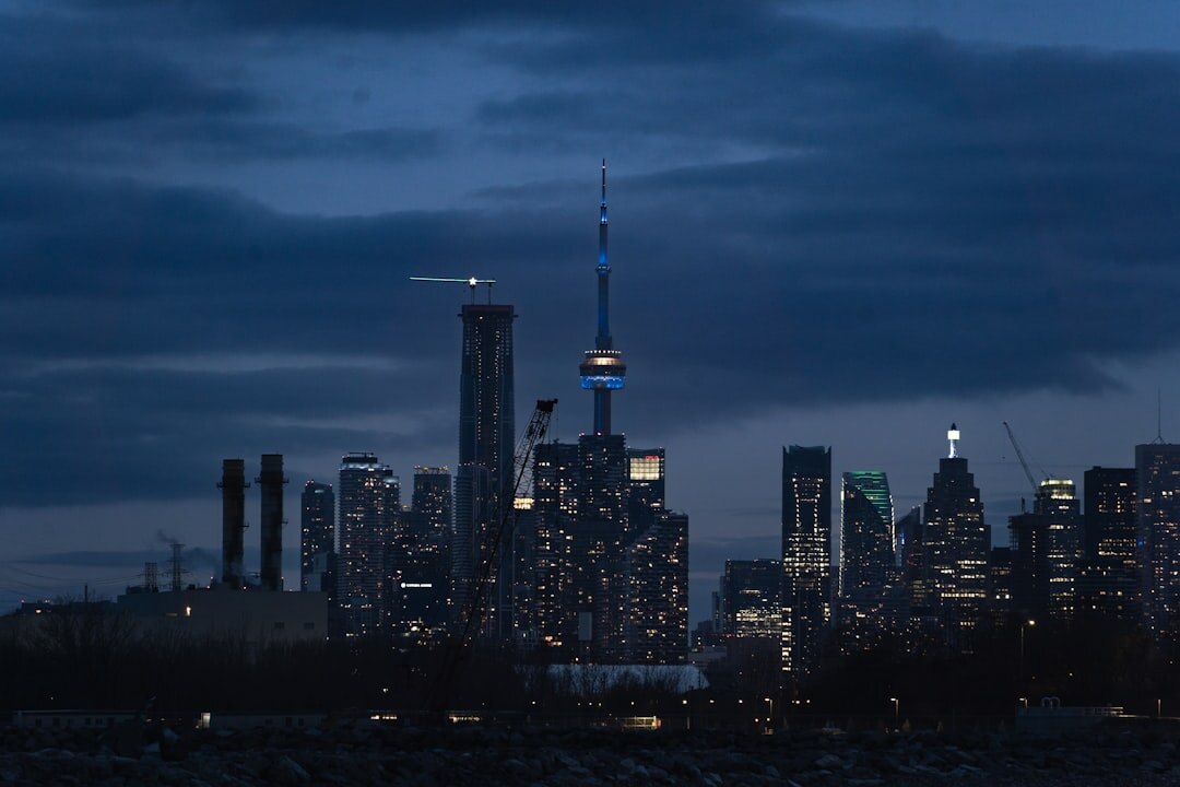 Night skyline with a broadcast antenna tower
